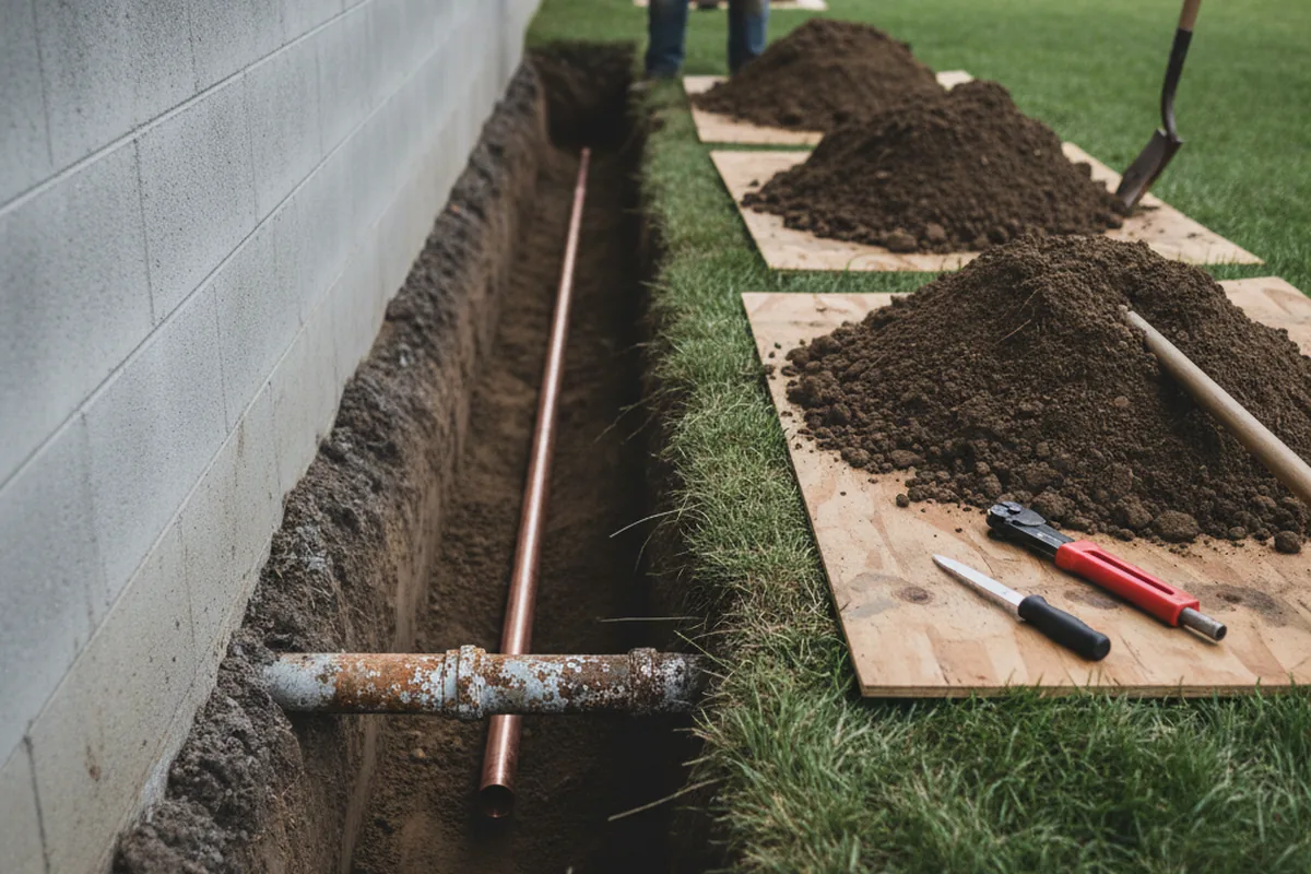 Excavated water line trench during Sewer Line Repair in Laura